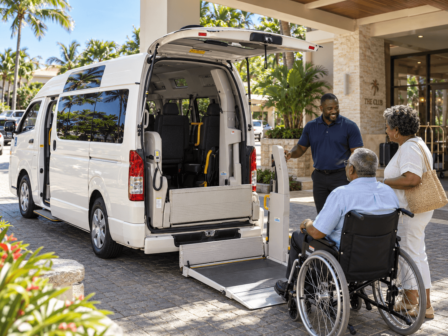 Driver welcoming a wheelchair user beside a white Toyota Hiace with a rear lift in Barbados